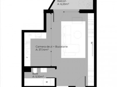 Apartament 1 cameră, 42,44 mp + balcon 6,33 mp, strada Soporului.