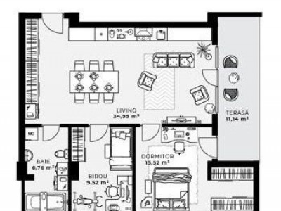 Apartament 3 camere, 66,79 mp + terasă 11,14 mp, strada Soporului.